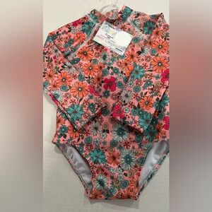NWT Momentum Brands Toddler Girl 18 Mos Orange Floral 1-Pc LS Swimsuit Summer